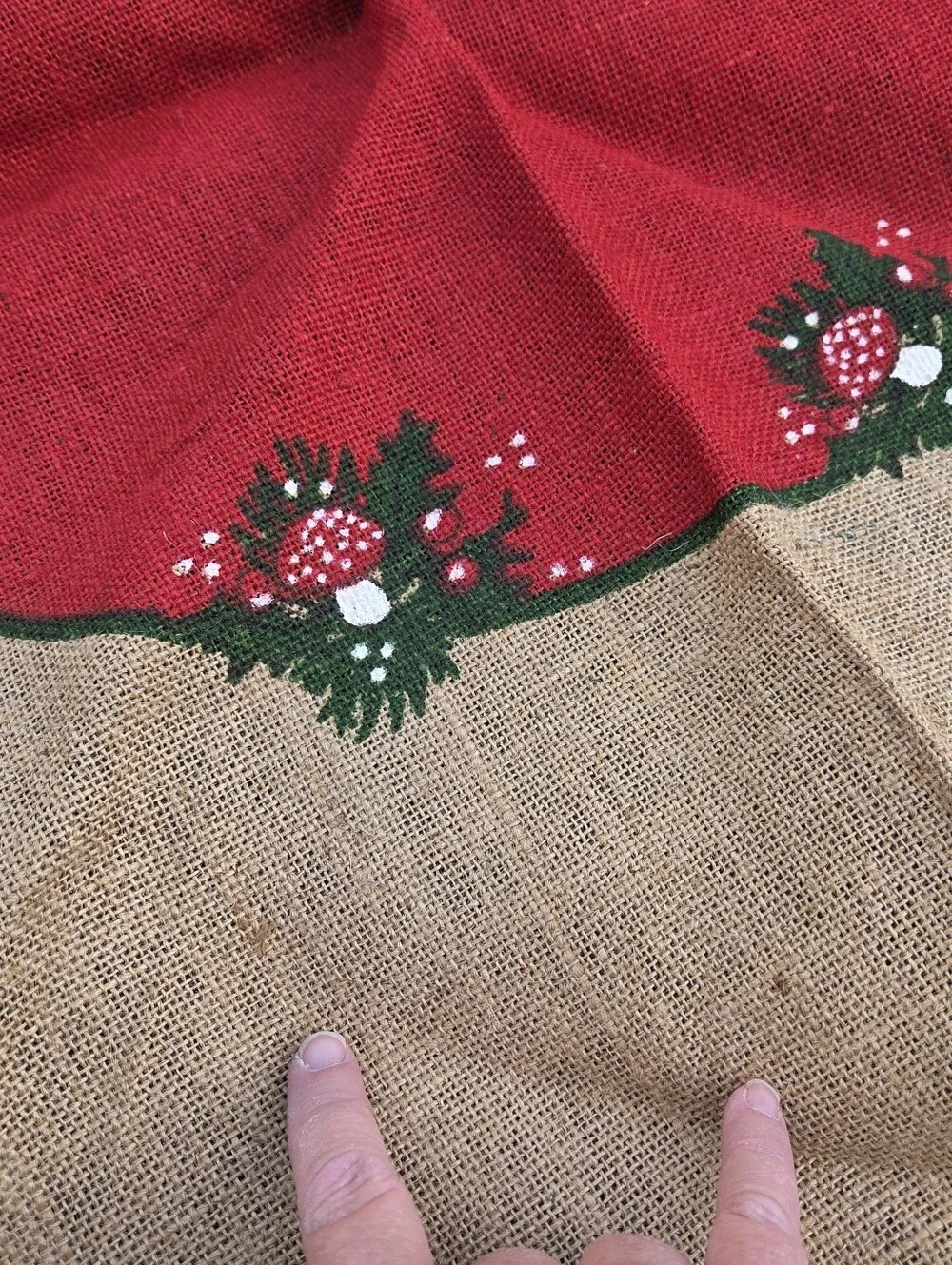 Swedish Burlap Christmas Tree Skirt jute Round Poinsettia mushrooms Vintage flaw